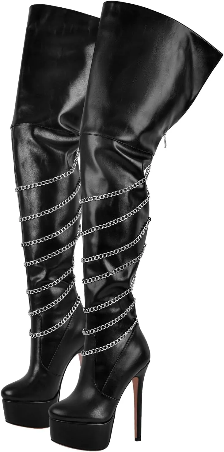 richealnini Platform Heel for Women Stiletto Over the Knee High Boots with Chains Party Wedding