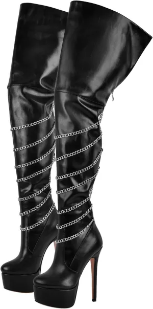 richealnini Platform Heel for Women Stiletto Over the Knee High Boots with Chains Party Wedding