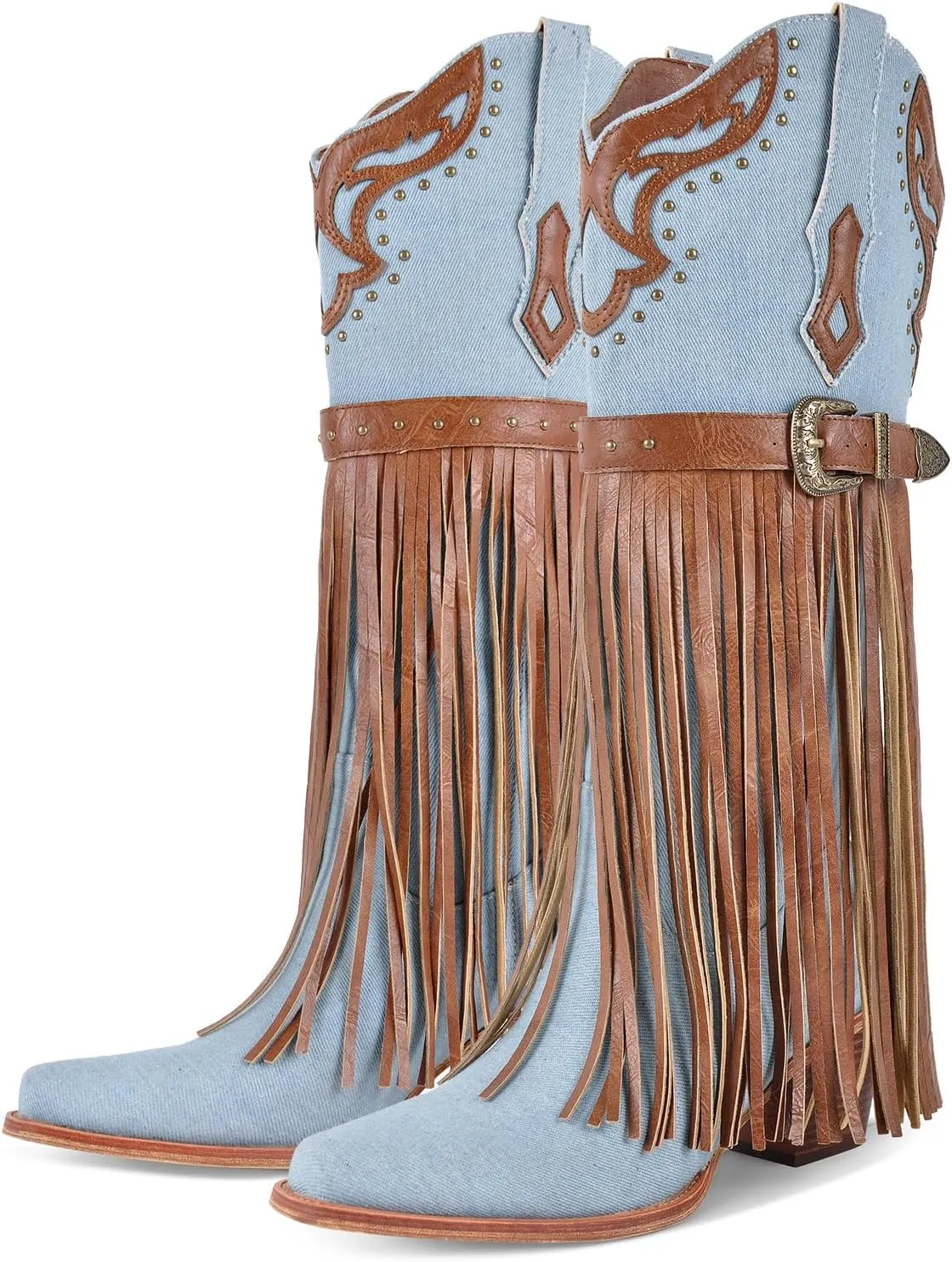 richealnini Suede Fringe Knee High Cowboy Boots with Golden Dots Studded Belt Embroidered Tall Boots