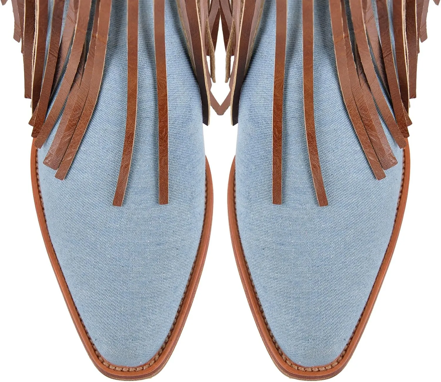 richealnini Suede Fringe Knee High Cowboy Boots with Golden Dots Studded Belt Embroidered Tall Boots
