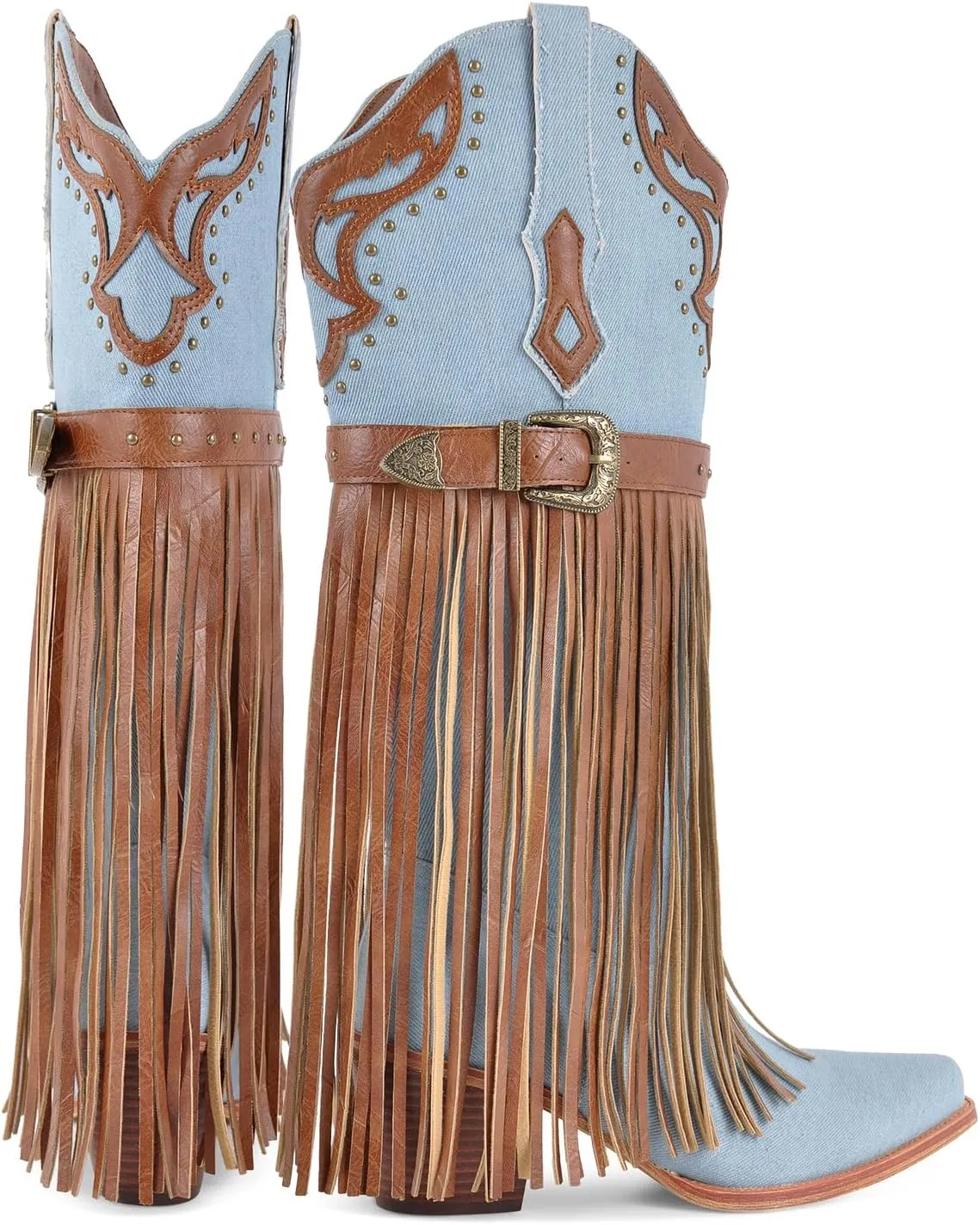 richealnini Suede Fringe Knee High Cowboy Boots with Golden Dots Studded Belt Embroidered Tall Boots