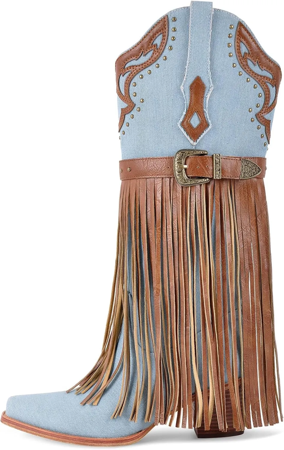 richealnini Suede Fringe Knee High Cowboy Boots with Golden Dots Studded Belt Embroidered Tall Boots