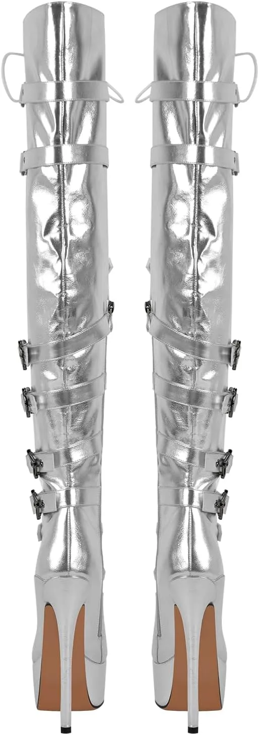 richealnini Women's Platform Heel Thigh High Boots with Zippers Lace Up Sexy Sky High Heels Long Shaft Over the Knee High Boots