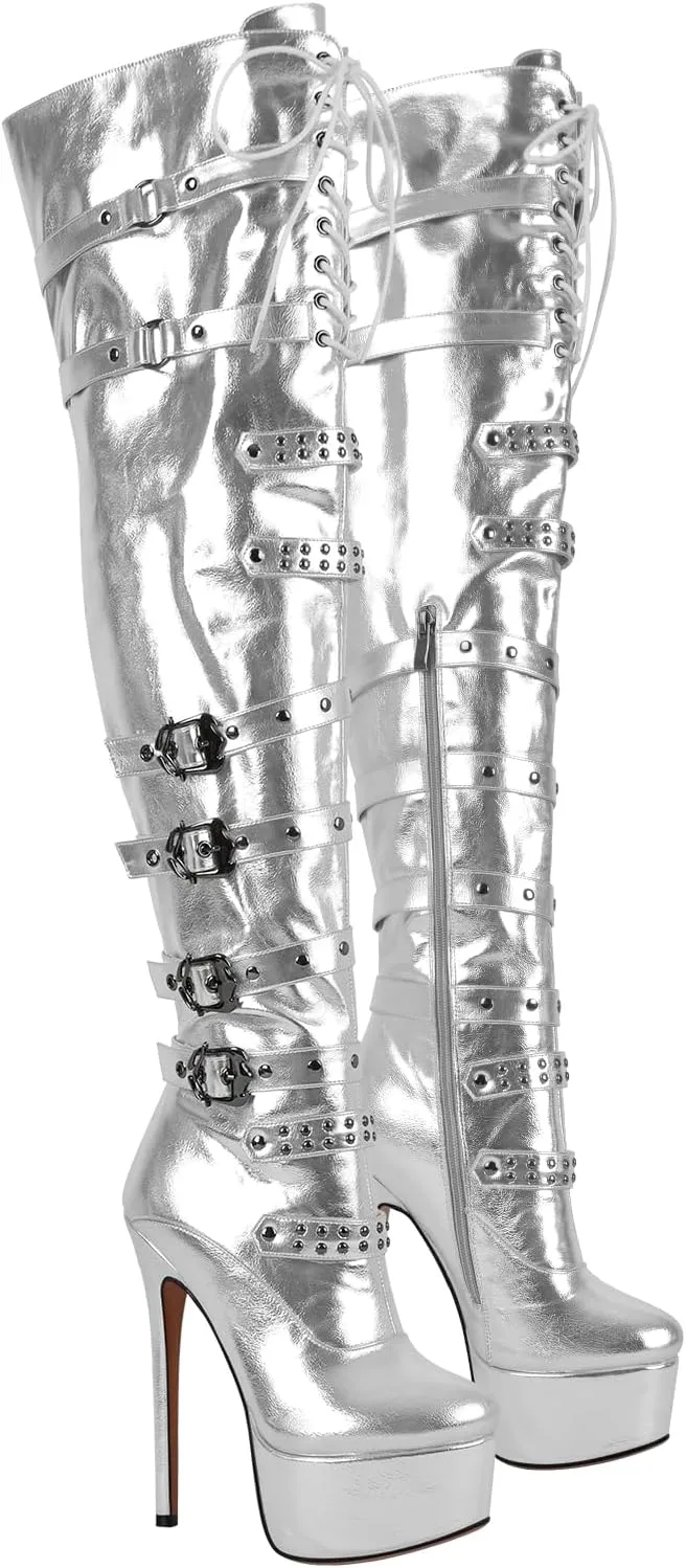 richealnini Women's Platform Heel Thigh High Boots with Zippers Lace Up Sexy Sky High Heels Long Shaft Over the Knee High Boots
