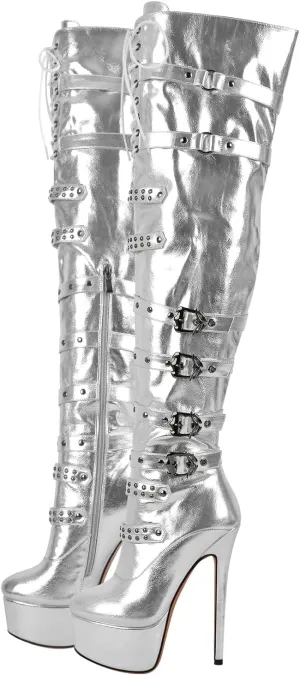 richealnini Women's Platform Heel Thigh High Boots with Zippers Lace Up Sexy Sky High Heels Long Shaft Over the Knee High Boots