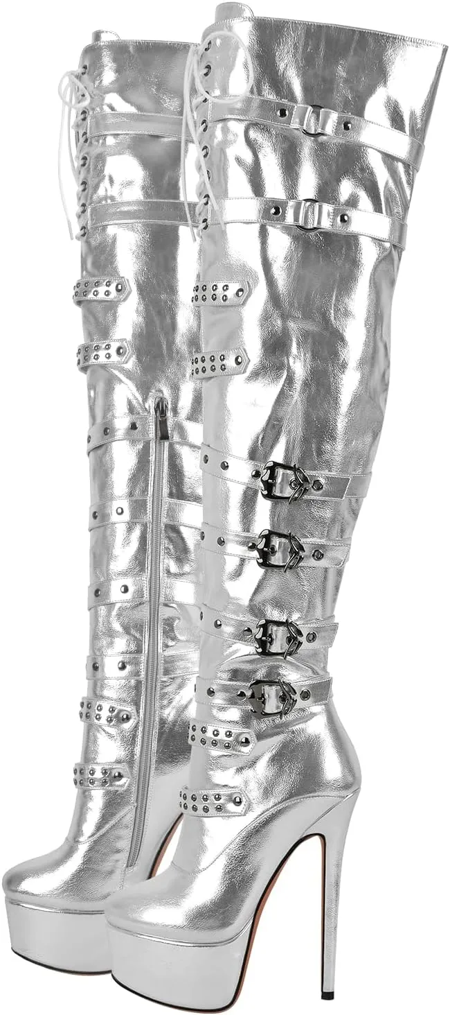 richealnini Women's Platform Heel Thigh High Boots with Zippers Lace Up Sexy Sky High Heels Long Shaft Over the Knee High Boots