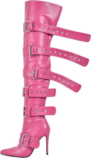 richealnini Women's Sexy Pointed Toe Thigh High Boots Side Zip Up Stretchy Over the Knee High Boots Buckle Stiletto Heels Party Dress