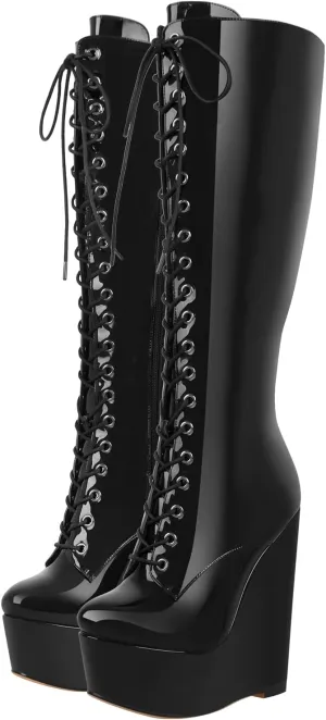 richealnini Women's Wedge Heel Knee High Boots with Lace Front Tie Up Wide Calf Booties