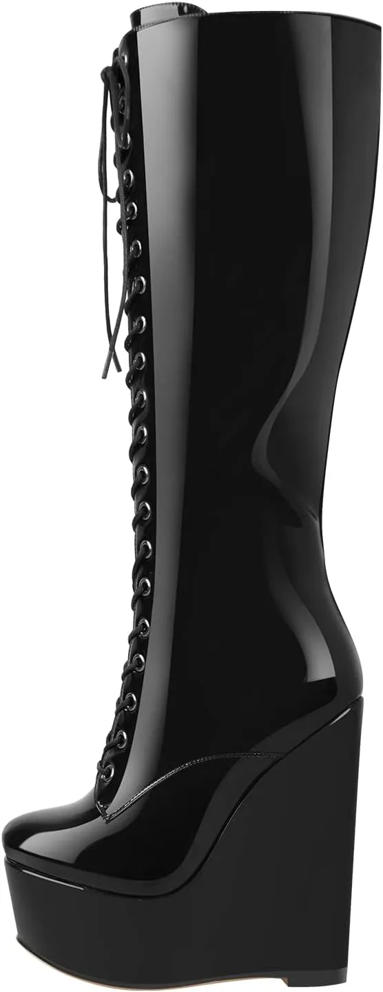 richealnini Women's Wedge Heel Knee High Boots with Lace Front Tie Up Wide Calf Booties