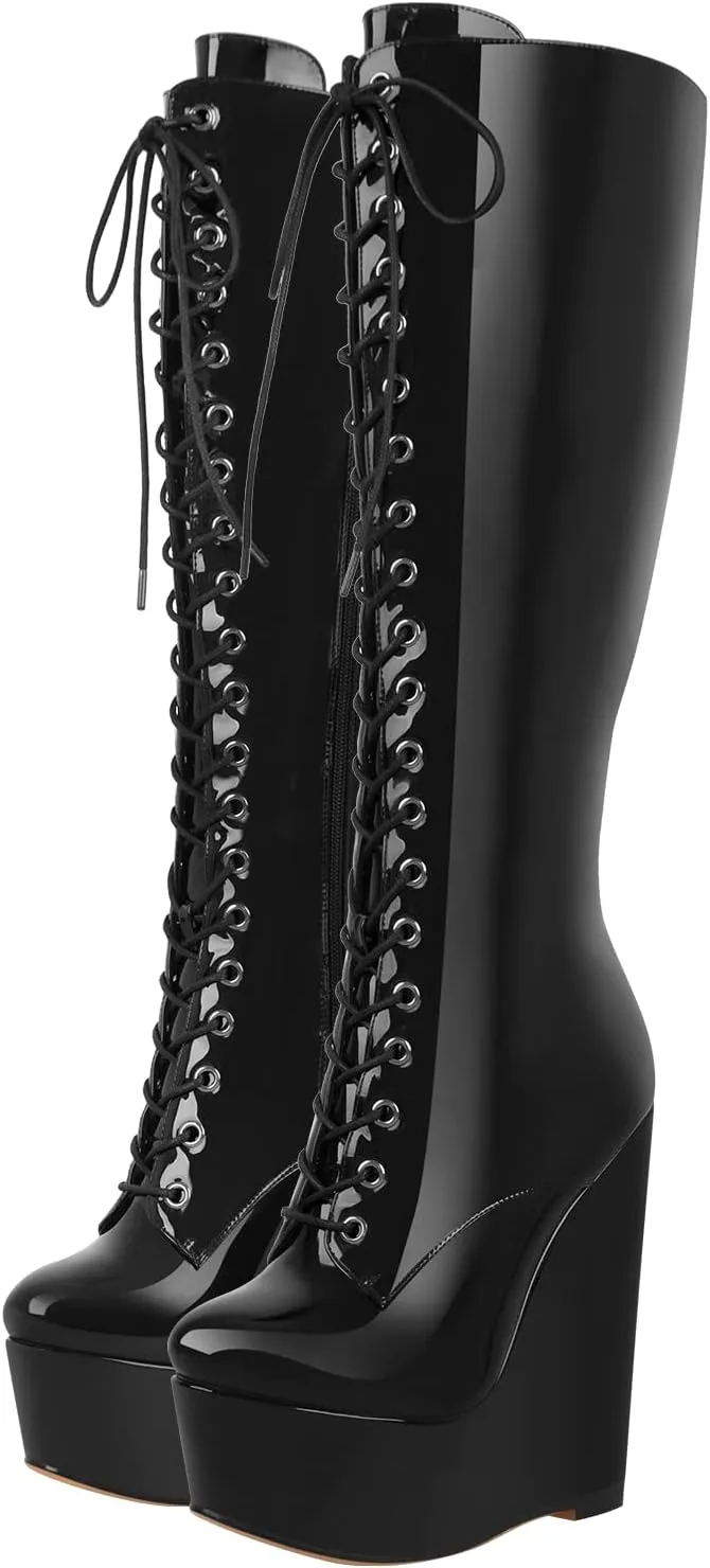 richealnini Women's Wedge Heel Knee High Boots with Lace Front Tie Up Wide Calf Booties