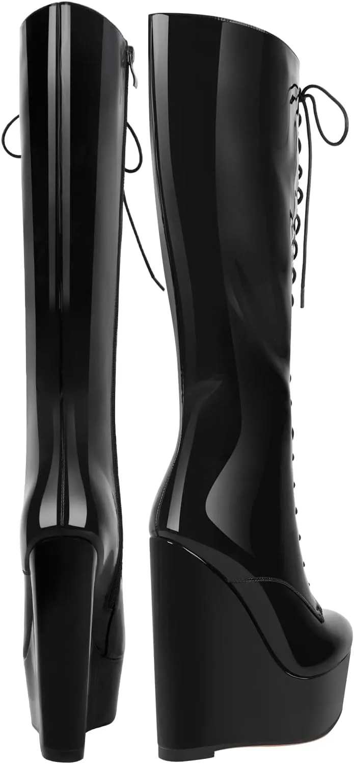 richealnini Women's Wedge Heel Knee High Boots with Lace Front Tie Up Wide Calf Booties