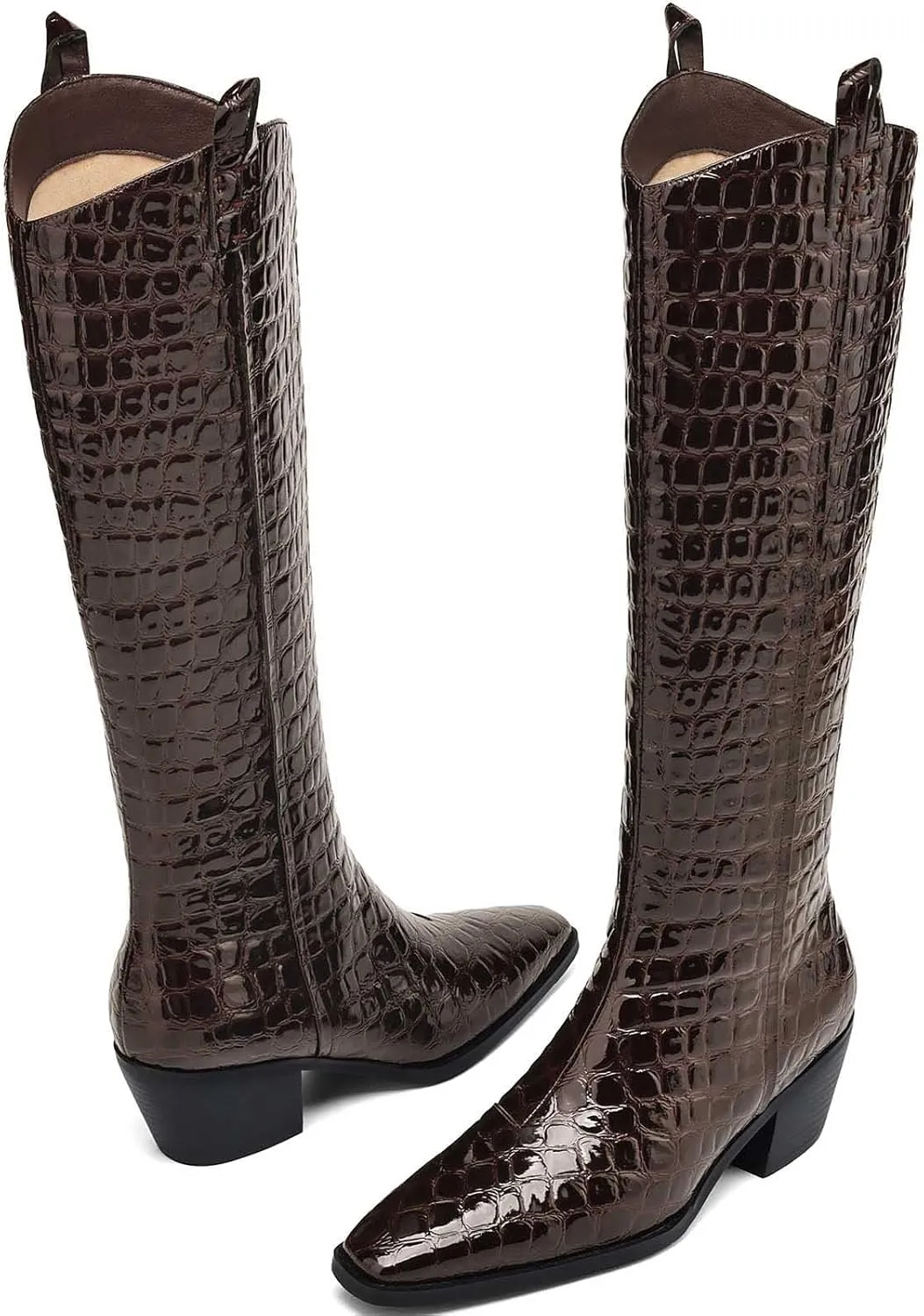 Riding Boots for Women Knee High Boots Chunky Crocodile Boots Low Heel Tall Boots Sexy Fall Boots Pointed Toe