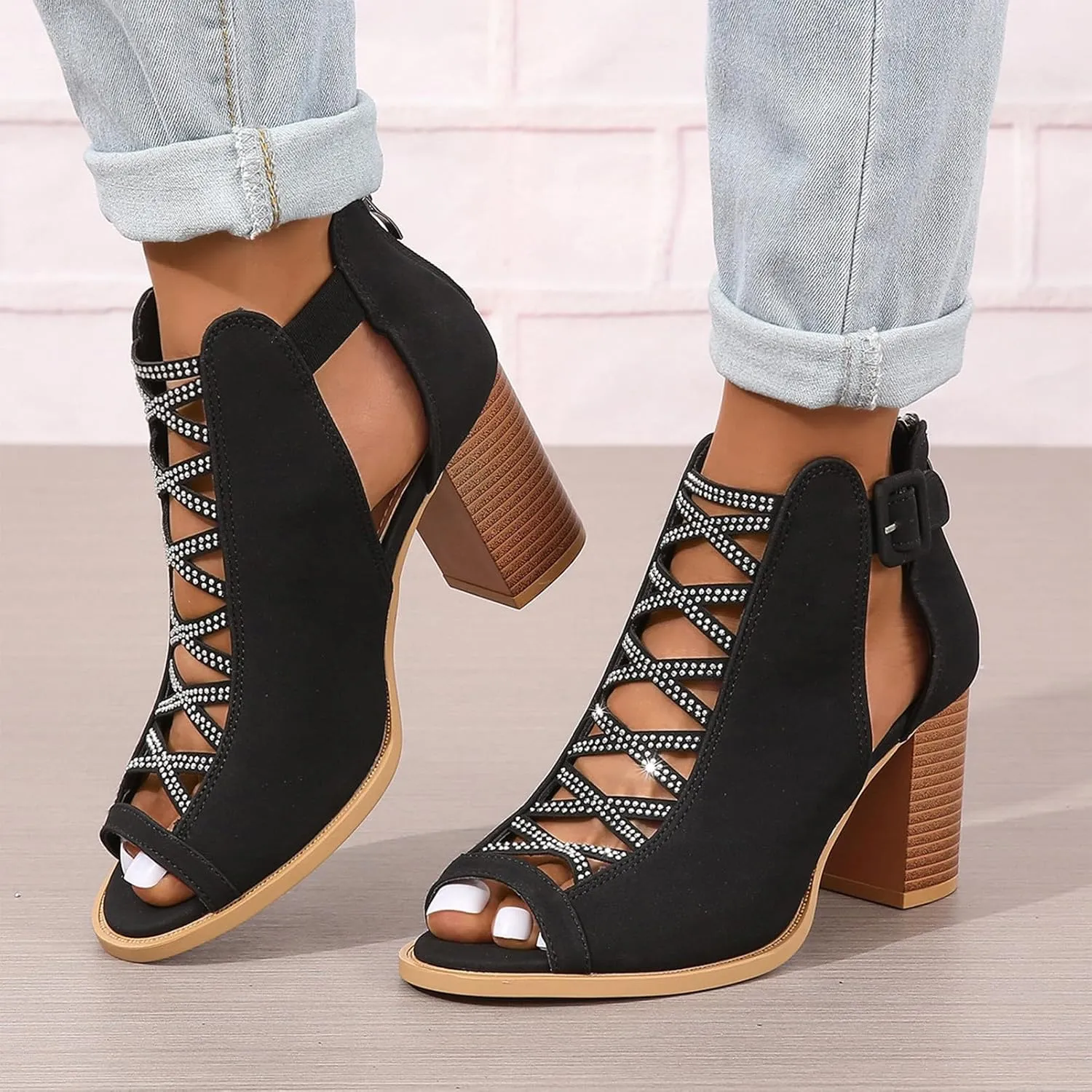 rismart Chunky Heeled Sandals for Women Peep Toe Rhinestone Cutout Crisscross Summer Ankle Bootie