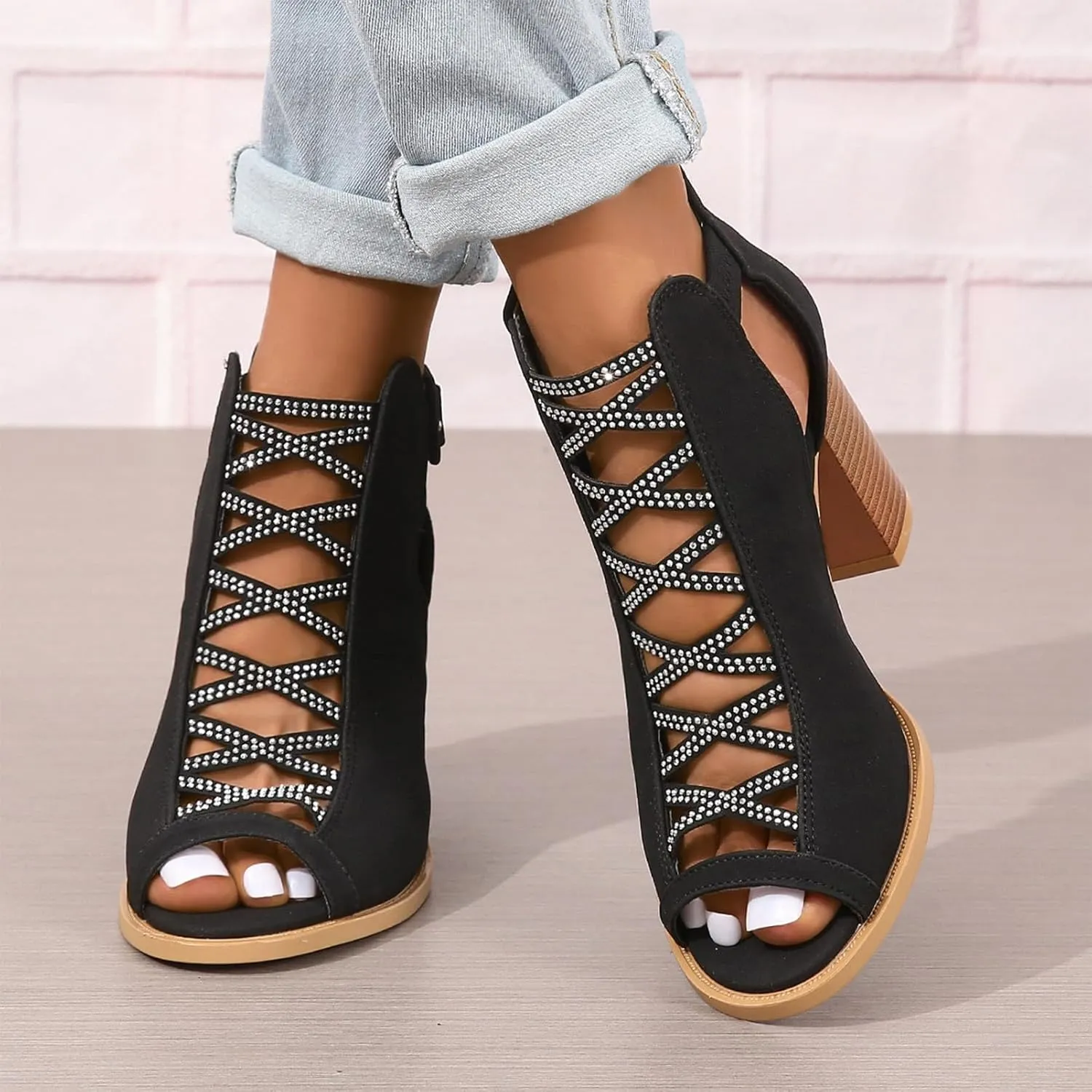 rismart Chunky Heeled Sandals for Women Peep Toe Rhinestone Cutout Crisscross Summer Ankle Bootie