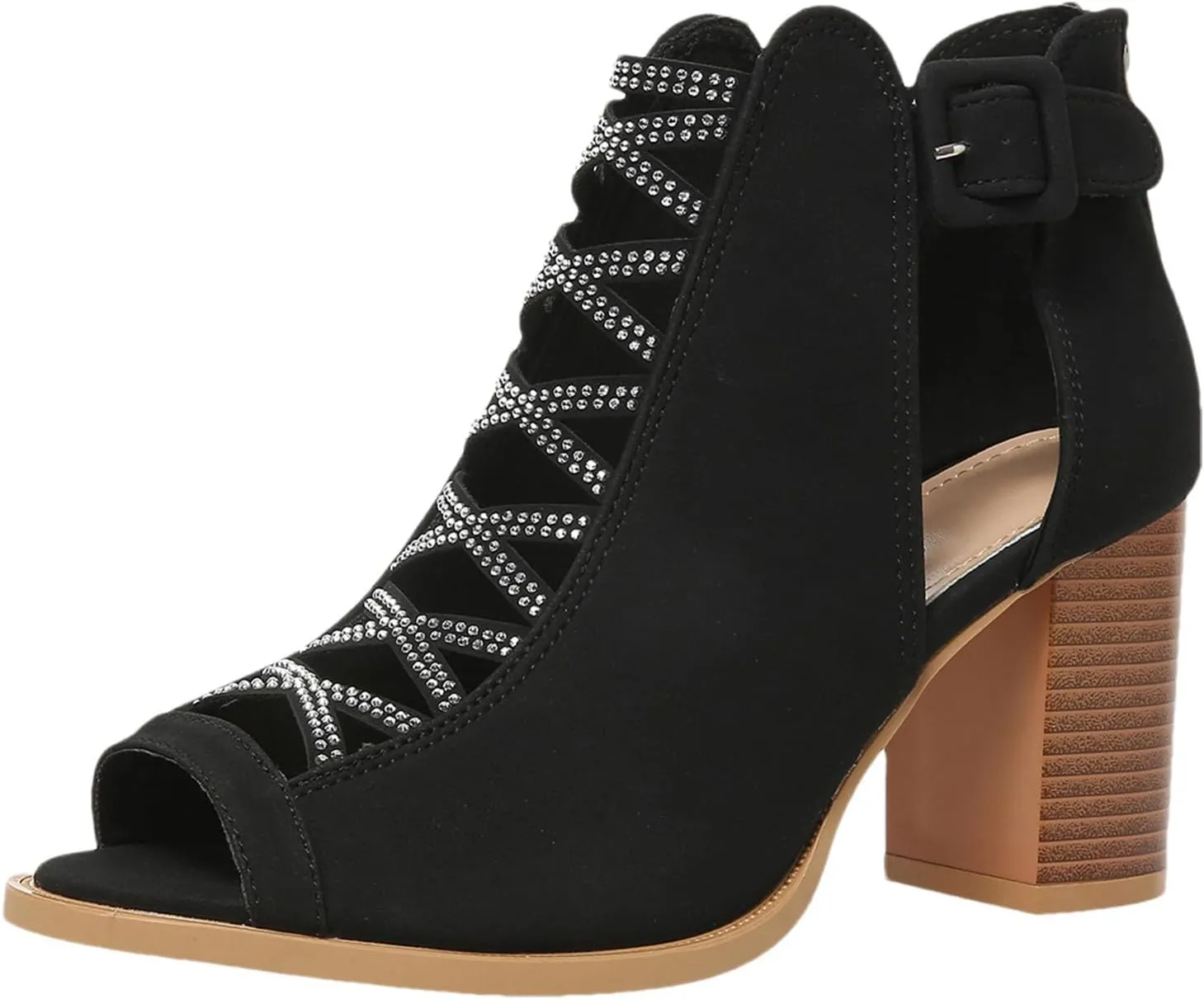 rismart Chunky Heeled Sandals for Women Peep Toe Rhinestone Cutout Crisscross Summer Ankle Bootie