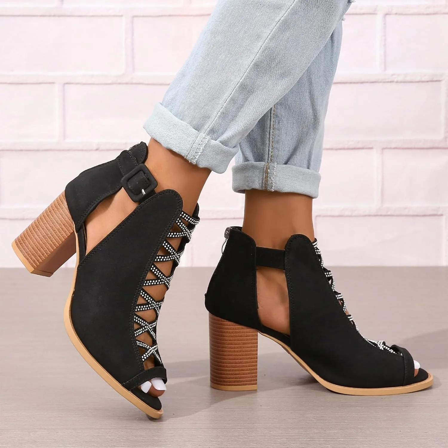 rismart Chunky Heeled Sandals for Women Peep Toe Rhinestone Cutout Crisscross Summer Ankle Bootie