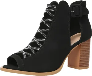 rismart Chunky Heeled Sandals for Women Peep Toe Rhinestone Cutout Crisscross Summer Ankle Bootie