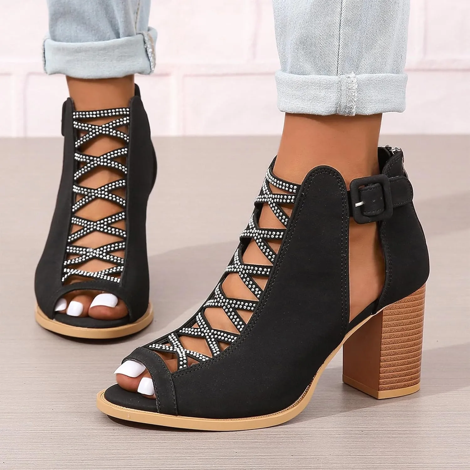 rismart Chunky Heeled Sandals for Women Peep Toe Rhinestone Cutout Crisscross Summer Ankle Bootie