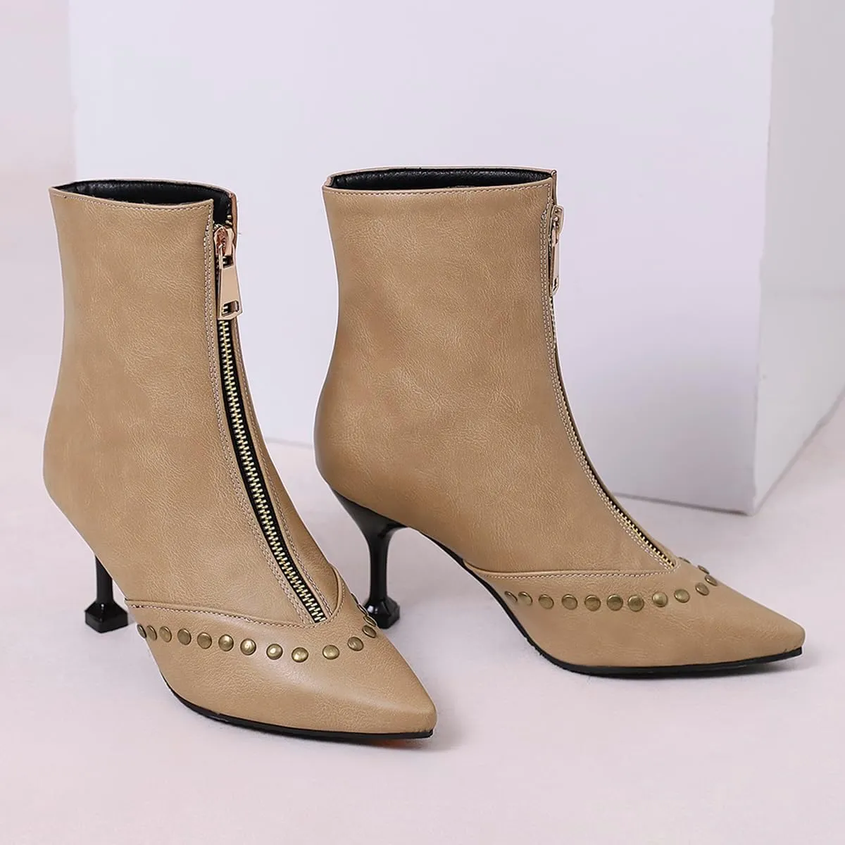 Rivet Studded Ankle Boots Stiletto High Heels Front Zipper Snakeskin Booties