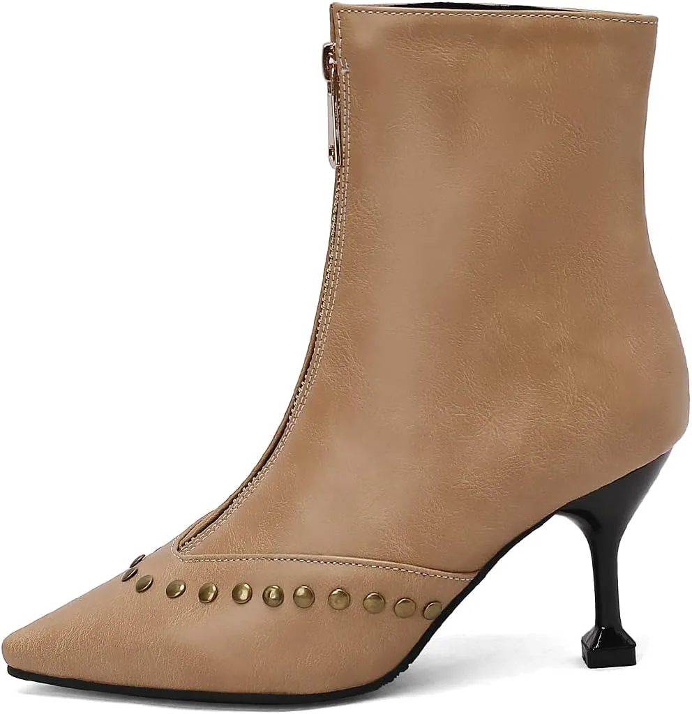 Rivet Studded Ankle Boots Stiletto High Heels Front Zipper Snakeskin Booties