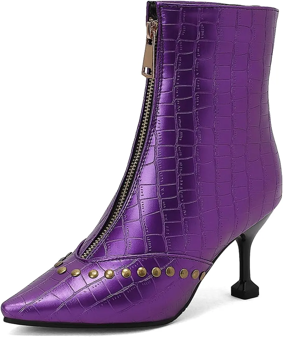 Rivet Studded Ankle Boots Stiletto High Heels Front Zipper Snakeskin Booties