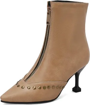 Rivet Studded Ankle Boots Stiletto High Heels Front Zipper Snakeskin Booties