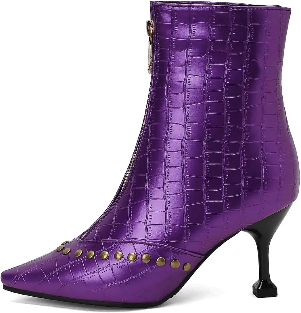 Rivet Studded Ankle Boots Stiletto High Heels Front Zipper Snakeskin Booties