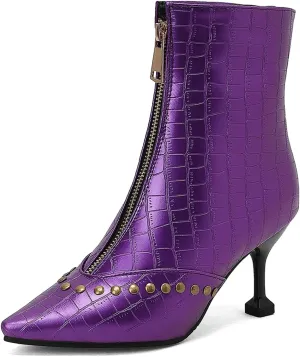 Rivet Studded Ankle Boots Stiletto High Heels Front Zipper Snakeskin Booties