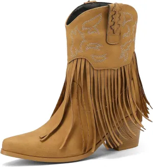 Roimaash Fashion Cowgirl Boots Ankle High Fringe Cowboy Boots Embroidery Pull On