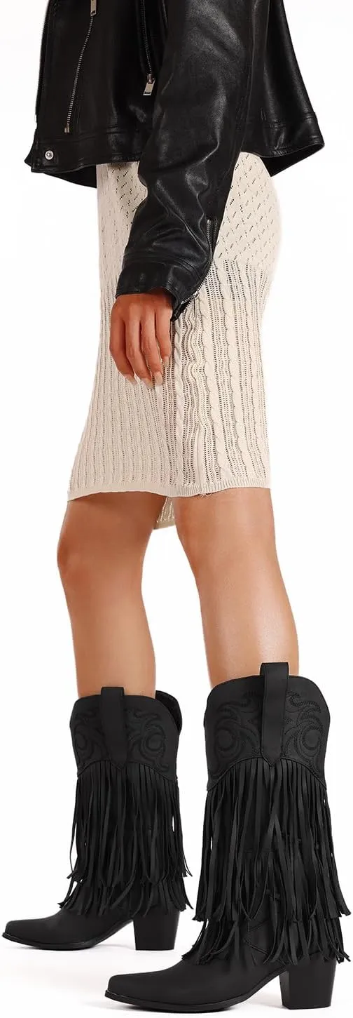 Roimaash Fashion Cowgirl Boots Ankle High Fringe Cowboy Boots Embroidery Pull On