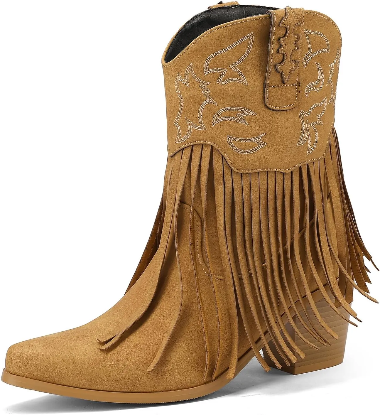 Roimaash Fashion Cowgirl Boots Ankle High Fringe Cowboy Boots Embroidery Pull On