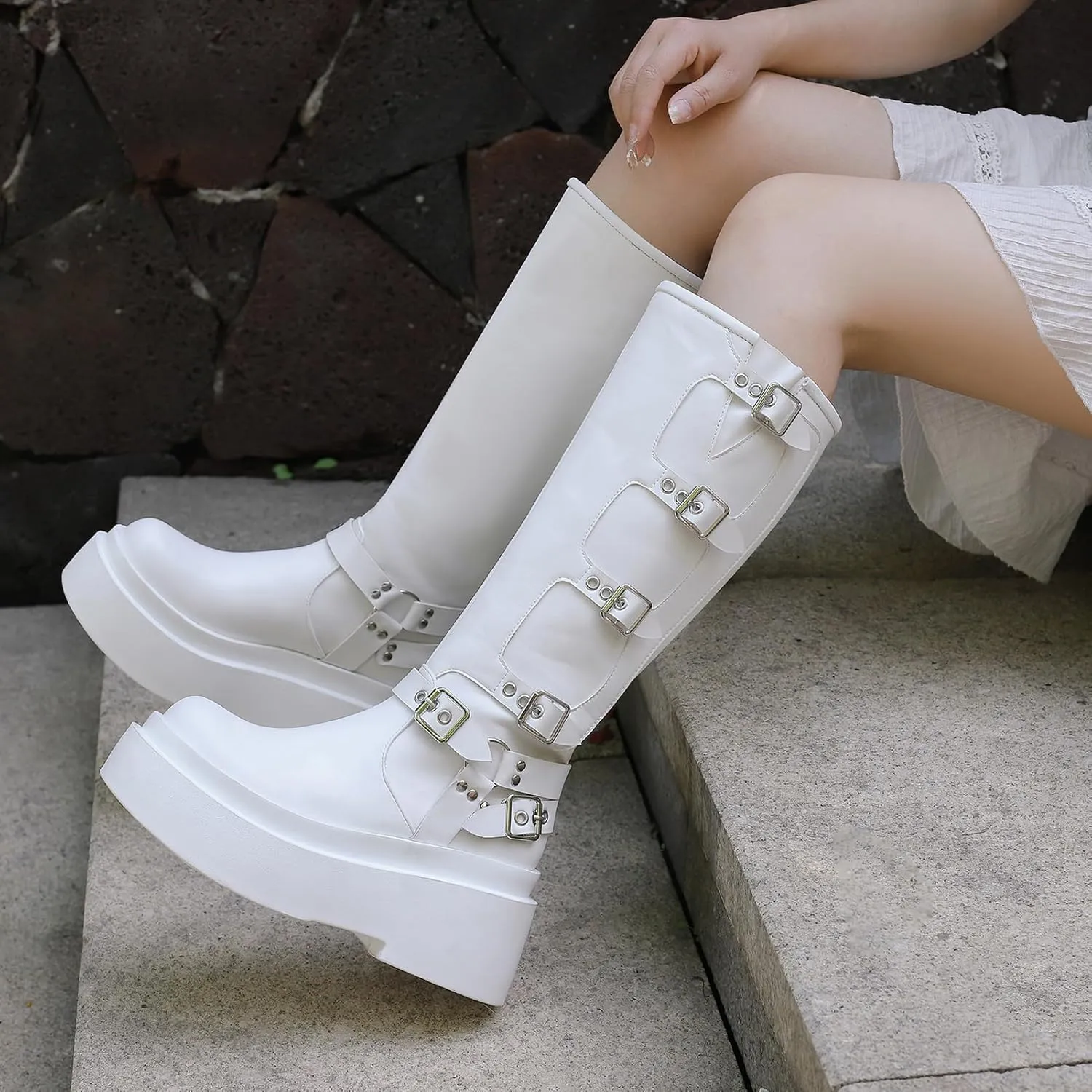 Roimaash Stylish Platform Gothic Boots Mid High Latex Punk Boots