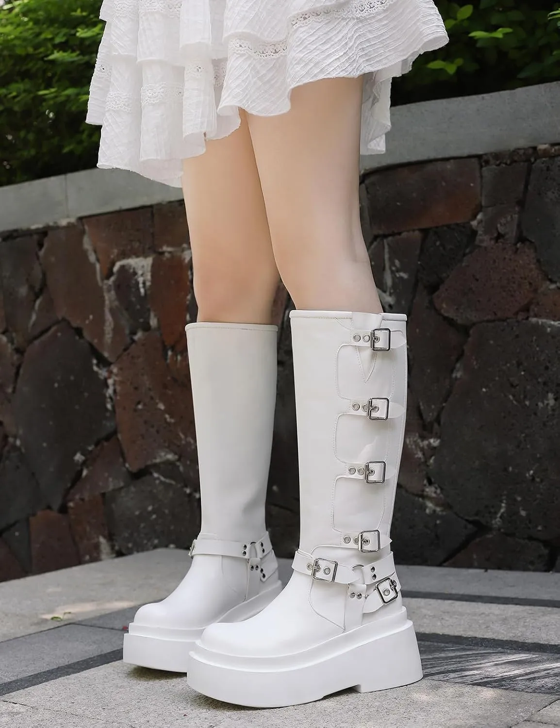 Roimaash Stylish Platform Gothic Boots Mid High Latex Punk Boots