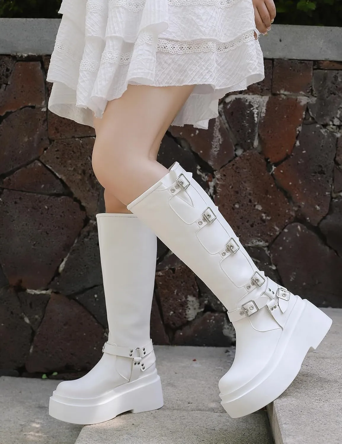 Roimaash Stylish Platform Gothic Boots Mid High Latex Punk Boots