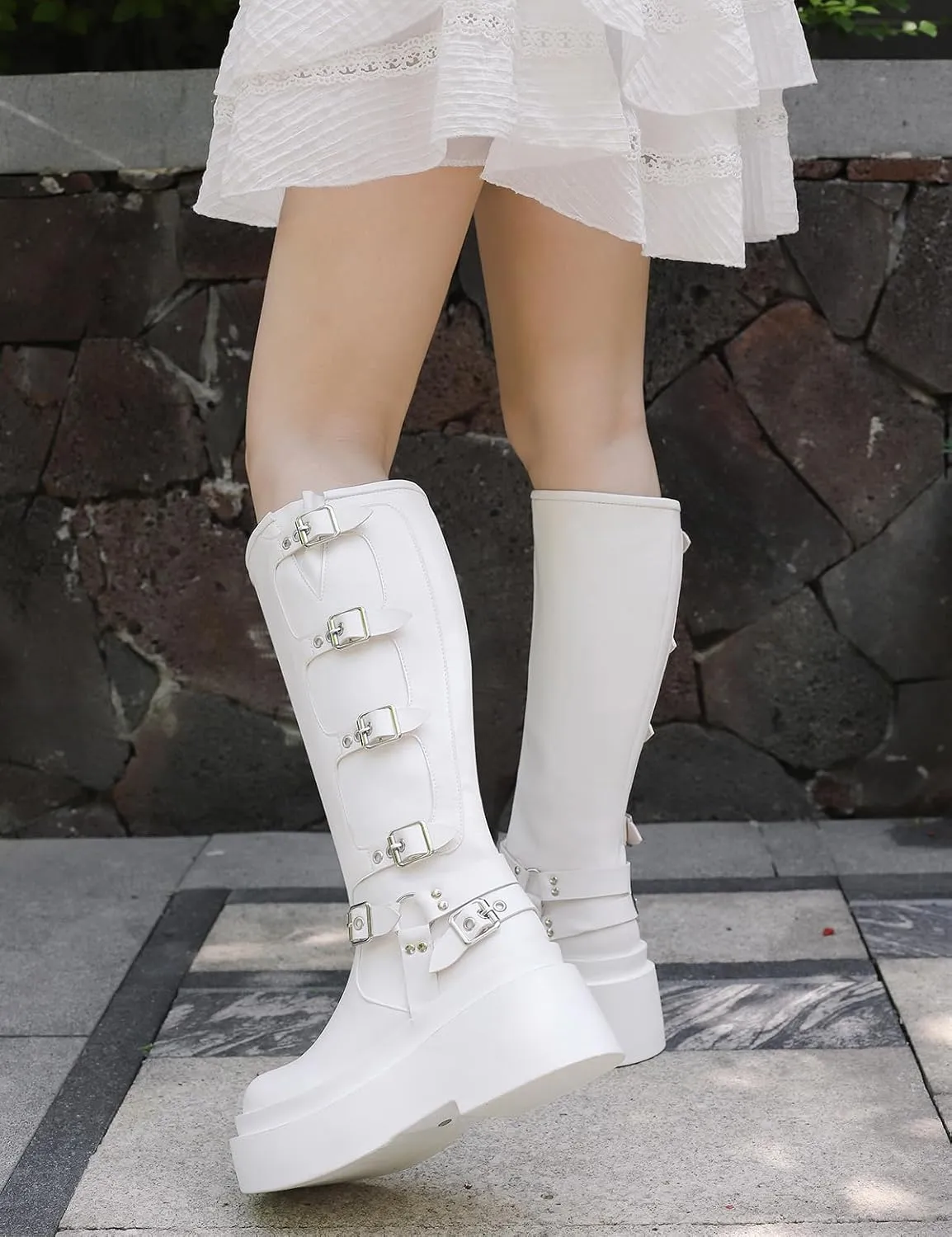 Roimaash Stylish Platform Gothic Boots Mid High Latex Punk Boots