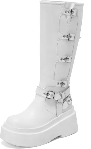 Roimaash Stylish Platform Gothic Boots Mid High Latex Punk Boots