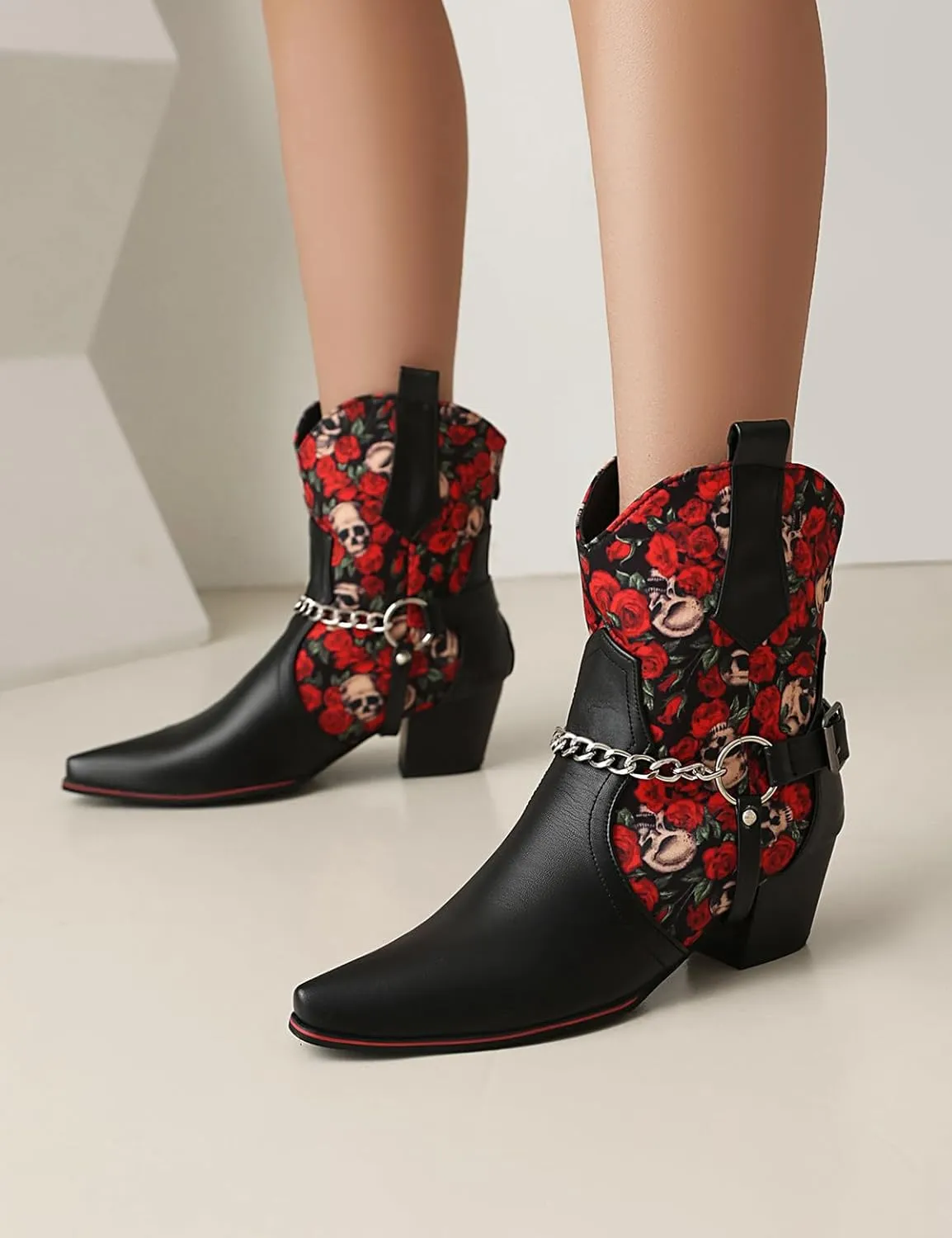 Roimaash Women Embroidered Floral Cowgirl Boots Mid High Fashion Cowboy Boots