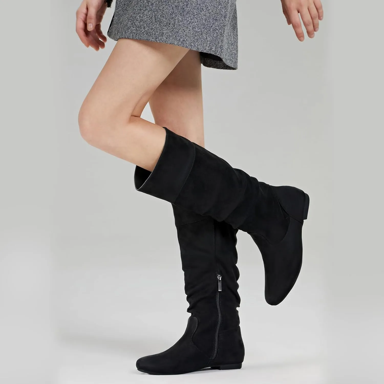 Rollda Women's Slouchy Knee High Boots Pull On Flat Boots Side Zipper Fall Boots for Women