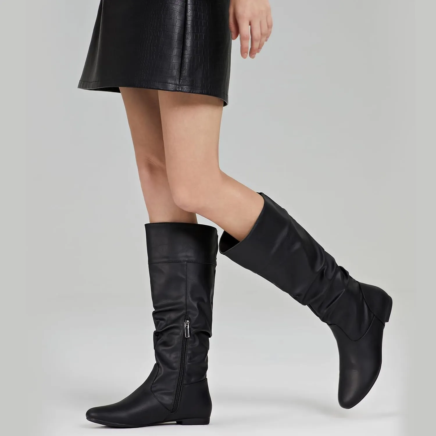 Rollda Women's Slouchy Knee High Boots Pull On Flat Boots Side Zipper Fall Boots for Women