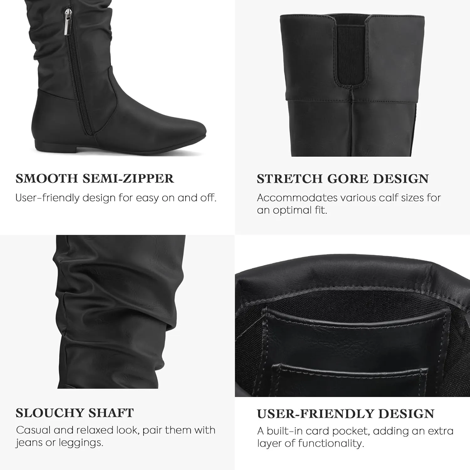 Rollda Women's Slouchy Knee High Boots Pull On Flat Boots Side Zipper Fall Boots for Women