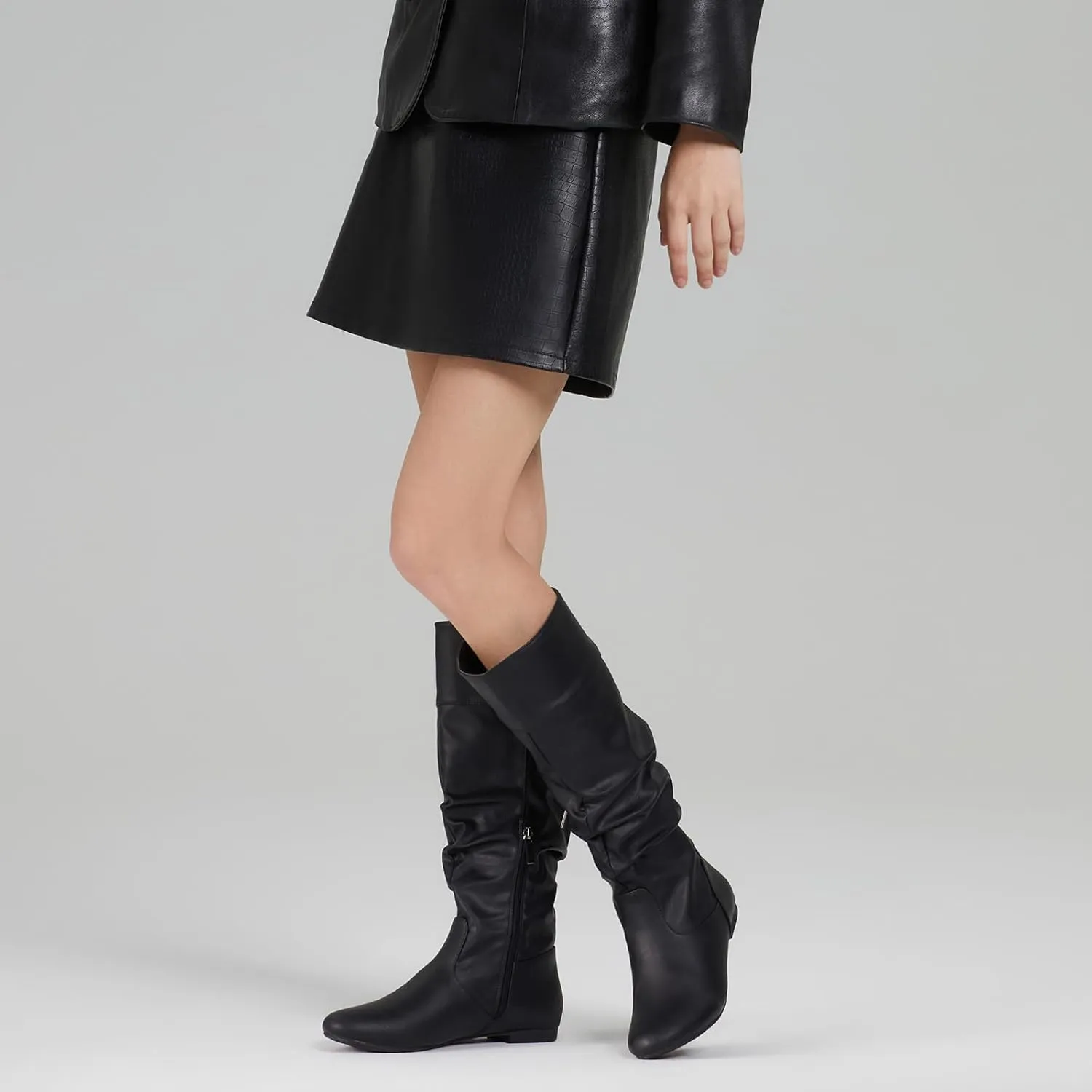 Rollda Women's Slouchy Knee High Boots Pull On Flat Boots Side Zipper Fall Boots for Women