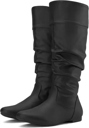 Rollda Women's Slouchy Knee High Boots Pull On Flat Boots Side Zipper Fall Boots for Women