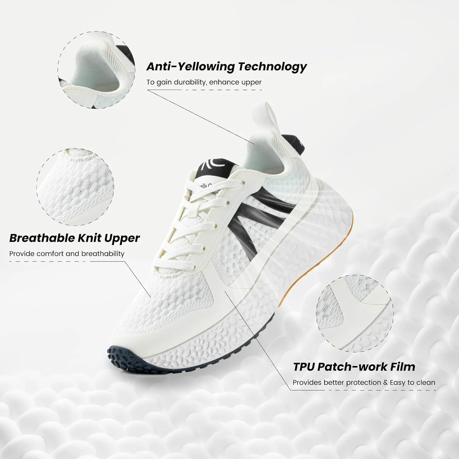 Rosella Carlie White Sneakers for Women - Women's Fashion Sneakers with Honeycomb EVA Midsole - Lightweight Stylish Patchwork Casual Platform Lace Up Tennis Gym Workout Walking Runing Shoes