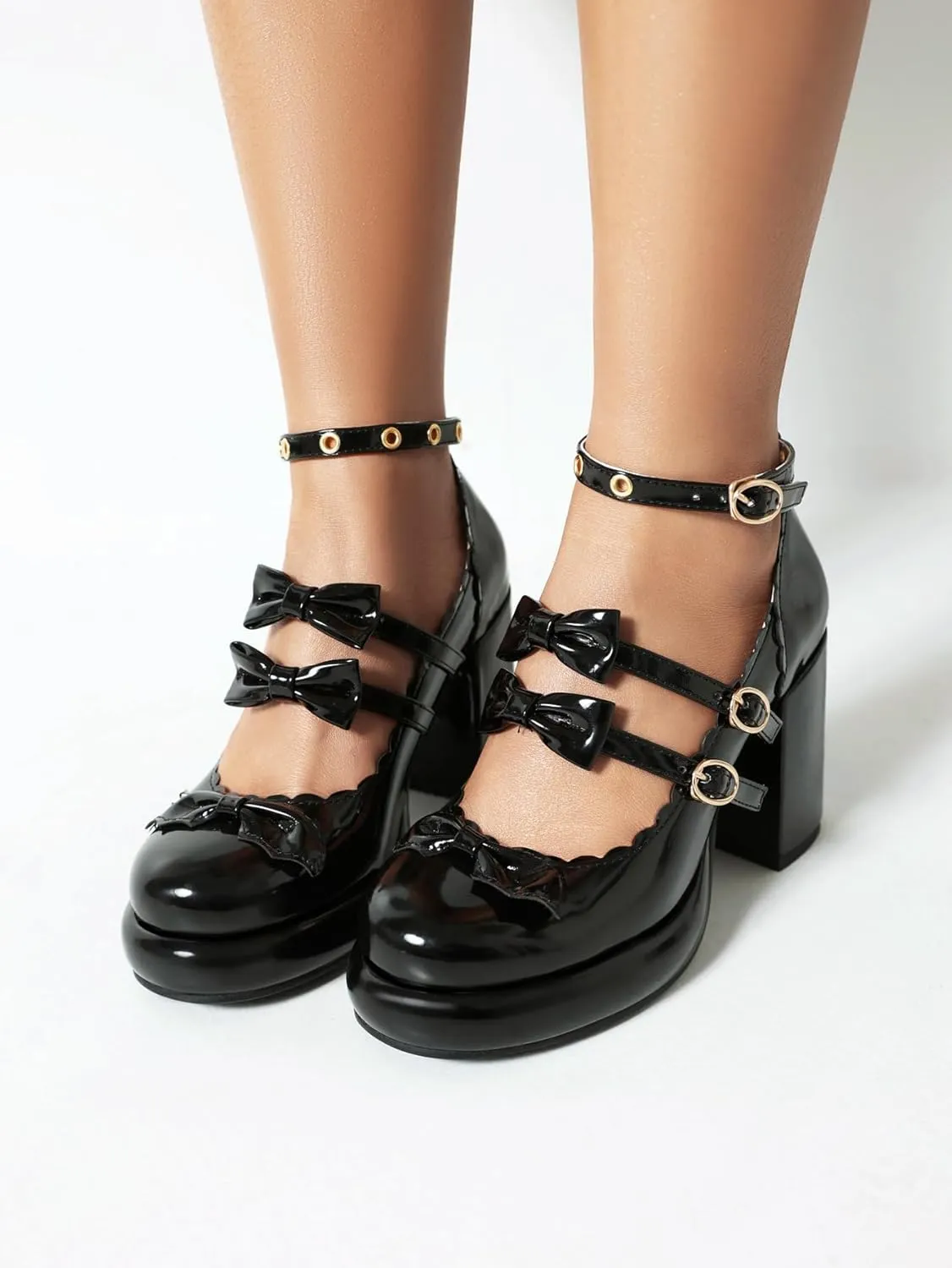 SACFOF Chunky High Heel Bow Pumps for Women Platform Round Toe Ankle Strap Mary Jane Patent Leather Dressy Shoes