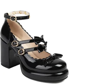 SACFOF Chunky High Heel Bow Pumps for Women Platform Round Toe Ankle Strap Mary Jane Patent Leather Dressy Shoes
