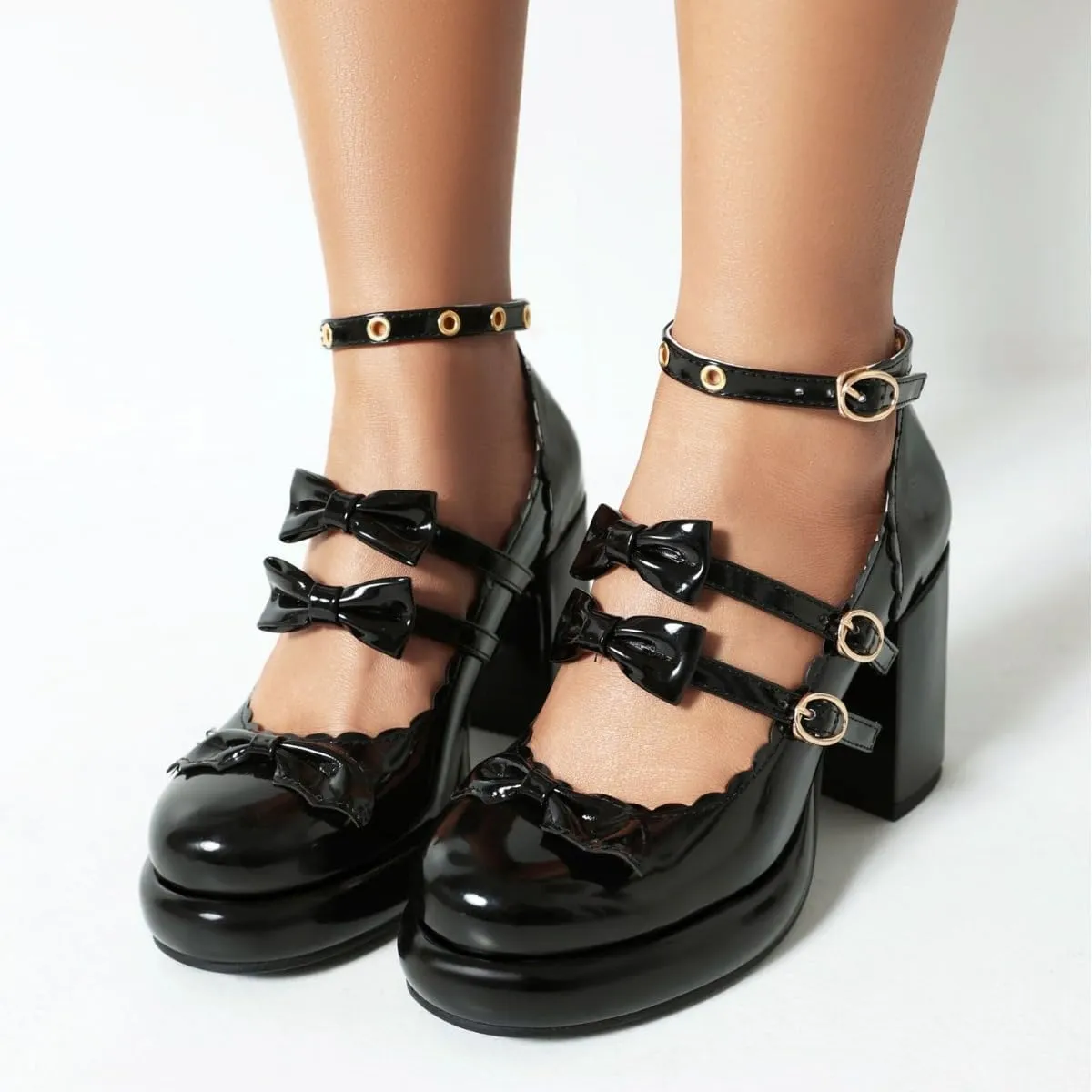 SACFOF Chunky High Heel Bow Pumps for Women Platform Round Toe Ankle Strap Mary Jane Patent Leather Dressy Shoes