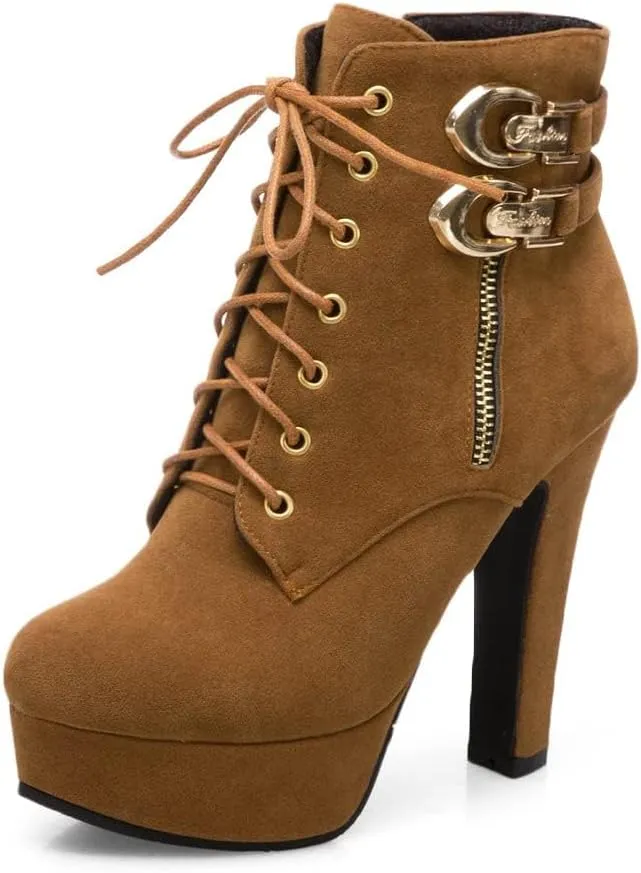 SACFOF High Heel Boots for Women,Wedges Platform Lace Up Biker Boot Heels Sexy Round Toe Buckle Chunky High Heel Mid Calf Boots
