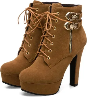SACFOF High Heel Boots for Women,Wedges Platform Lace Up Biker Boot Heels Sexy Round Toe Buckle Chunky High Heel Mid Calf Boots