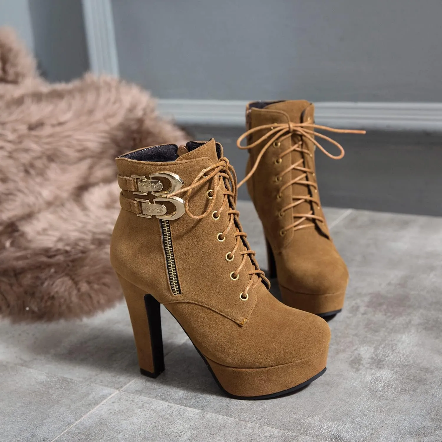 SACFOF High Heel Boots for Women,Wedges Platform Lace Up Biker Boot Heels Sexy Round Toe Buckle Chunky High Heel Mid Calf Boots