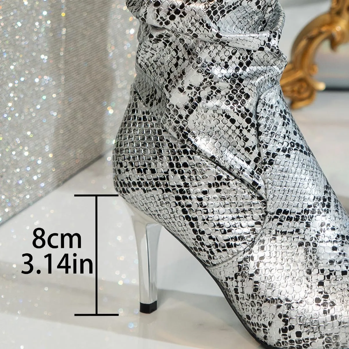 SACFOF Snakeskin Boots Knee High Boots for Women Sexy Stylish Exquisite Pointed Toe Stiletto High Heels Pleated Western Boots